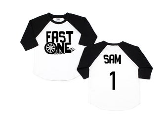 Fast One Personalized 1st Birthday Raglan. Racecar Themed First Birthday Outfit. Tire Track T-Shirt.  Long Sleeve Tee. Wheels