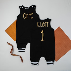 One Gold 1st Birthday Romper with Striped Cuff.  1st Birthday Outfit.  Minimalist Birthday Romper.  Baby Boy.  First Birthday Romper. One.