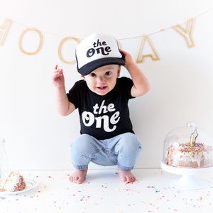 The One 1st Birthday Personalized Outfit.  First Birthday Hat and Tshirt. Snap Back Ajustable Trucker Hat.  Retro First Birthday.