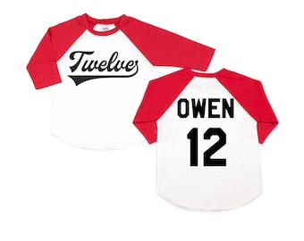 Twelve Birthday Number Baseball Shirt. Personalized Baseball Raglan T-Shirt. Sports Birthday Tee. Sport Themed Birthday. Red. Navy. Black.