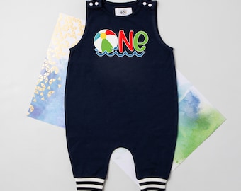 Beach Ball 1st Birthday Romper: Striped Cuff Baby Outfit