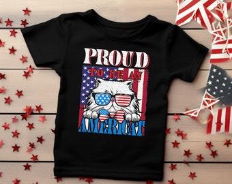 Proud to be an Americat 4th of July Cat Themed T-Shirt.  Funny Patriotic America Design. Fourth of July.  Independence Day Kids.