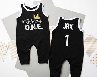 Notorious One 1st Birthday Personalized Romper. Black and White. Minimalist Birthday Romper. First Birthday Outfit. Baby Boy. Hip Hop.