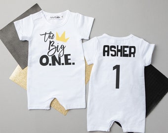 The Big One Crown Shorts Slim Fit Romper. White First Birthday Romper. Short Sleeve. One Birthday Boy. 1st Birthday. Gold. Big One.