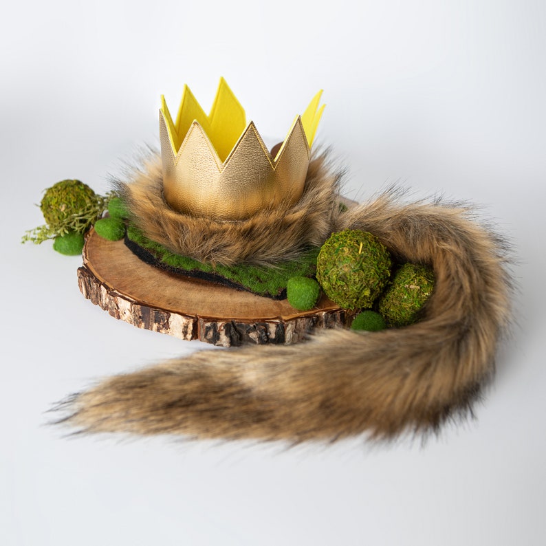 Wild One Gold Crown and Tail with Faux Fur . Costume for 1st Birthday Wild One Theme Party . Dress up and Make Believe Set . First B day image 1