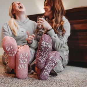 Gift for Mom. Off Duty, Ask Your Dad. Novelty Socks. Birthday Gift From Son. If You Can Read This socks. Wine Socks. Personalized Gift. image 6