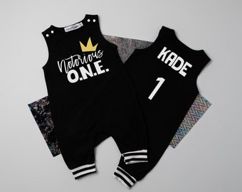 Notorious One Romper with Striped Cuff. 1st Birthday Outfit. The Notorious One Shirt. Baby Boy 1st Birthday. Hip Hop outfit. Baby Boy Romper