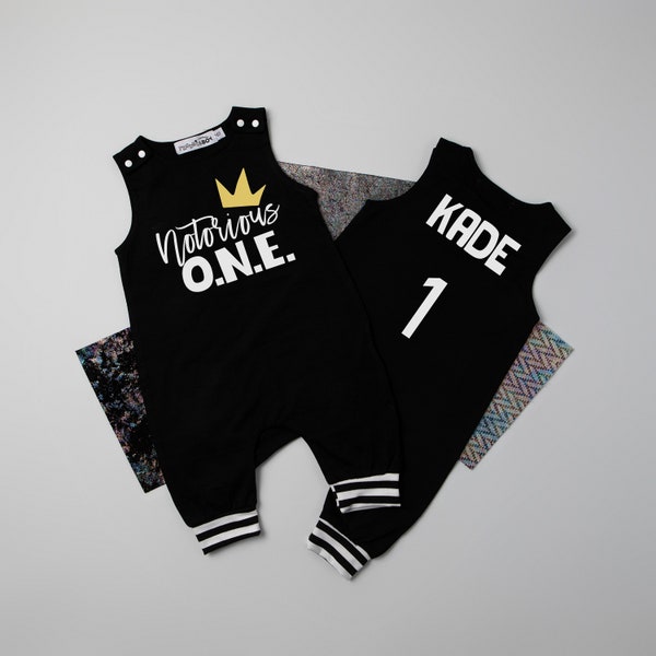 Notorious One Romper with Striped Cuff. 1st Birthday Outfit. The Notorious One Shirt. Baby Boy 1st Birthday. Hip Hop outfit. Baby Boy Romper