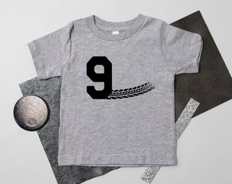 Nine Racecar Themed Personalized 9th Birthday Boy Outfit. Car Ninth Birthday Baby Boy Shirt.  9th Birthday T-shirt. 9 Burnout Tire Tracks