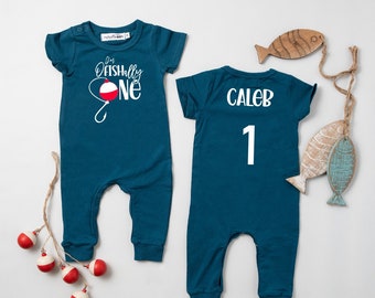 OFishally One Slim Fit Personalized Fishing Themed 1st Birthday Outfit. Boy's First Birthday Romper. O fishally One. Gone Fishing Bobber.