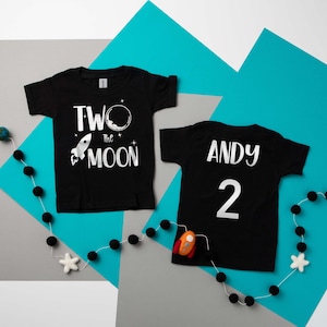 Two the Moon 2nd Birthday Black and Silver Personalized T-shirt.  Second Birthday Space Themed Outfit. Astronaut 2nd B Day. 2nd Birthday Boy