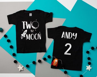 Two the Moon 2nd Birthday T-shirt: Personalized Space Outfit Silver Print