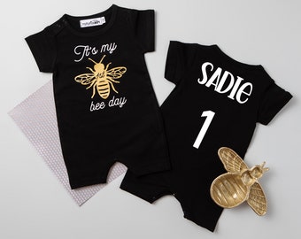It's My First Bee Day Shorts Slim Fit Romper. Bee Themed First Birthday Romper. Short Sleeve. One Birthday. 1st Birthday. Gold Honeycomb.