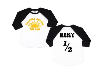 Halfway Around the Sun Personalized Half Birthday Raglan. Sunshine Themed 1/2 Birthday Outfit. Cookies and Milk T-Shirt.  Long Sleeve Tee