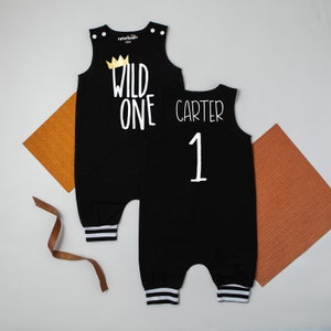 Wild One Black Romper with Striped Cuff. Personalized 1st Birthday Outfit. T-Shirt. Baby Boy 1st Birthday.  First Bday.  Navy, Red