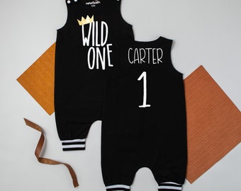 Wild One Black Romper with Striped Cuff. Personalized 1st Birthday Outfit. T-Shirt. Baby Boy 1st Birthday.  First Bday.  Navy, Red