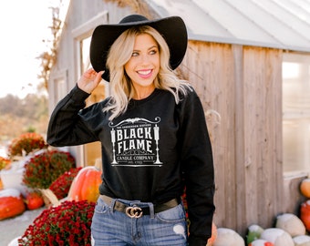 Black Flame Candle Company Graphic Sweatshirt for Fall.  Witchy Halloween Outfit for Mom  Spooky Sanderson Sisters.  Hocus Pocus.