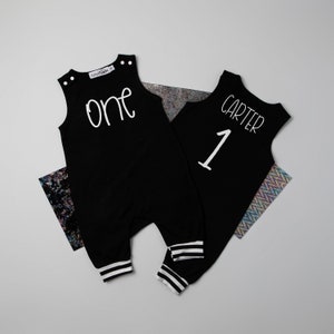 One 1st Birthday Romper with Striped Cuff.  1st Birthday Outfit.  Minimalist Birthday Romper.  Baby Boy.  First Birthday Romper. One. White.