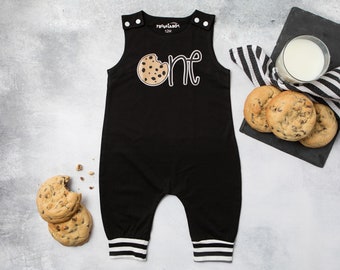 Cookie 1st Birthday Romper with Striped Cuff. 1st Birthday Outfit. Cookies and Milk Shirt. Baby Boy Chocolate Chip Cookie. Monster Outfit.