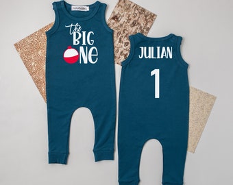 The Big One Personalized Fishing Themed Sleeveless 1st Birthday Outfit.  Boy's First Birthday Romper.  Gone Fishing Bobber Shirt.