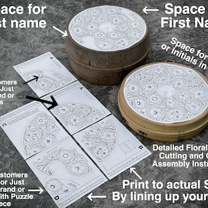 May include: A set of four printable templates for a floral design, with instructions for cutting, gluing, and assembling. The templates are printed on white paper and show a detailed floral pattern. The image also shows a wooden round base with the floral design printed on it, and text that says "Space for last name", "Space for First Name", and "Space for Brand or Initials in Middle".