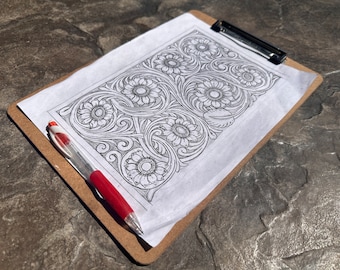 SUNFLOWER NOTEBOOK TOOLING Pattern for 5x8 notebook - Sheridan Floral Sunflower Carving Pattern with assembly and dimensions included!