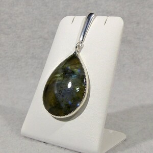 Labradorite Teardrop Pendant, Silver Bezel Mount, Natural 30x40 mm Cabochon, Great Iridescence
