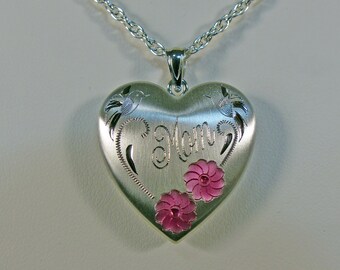 Hartmedaillon van gegraveerd sterlingzilver: roze bloemen, cadeau 'moeder'