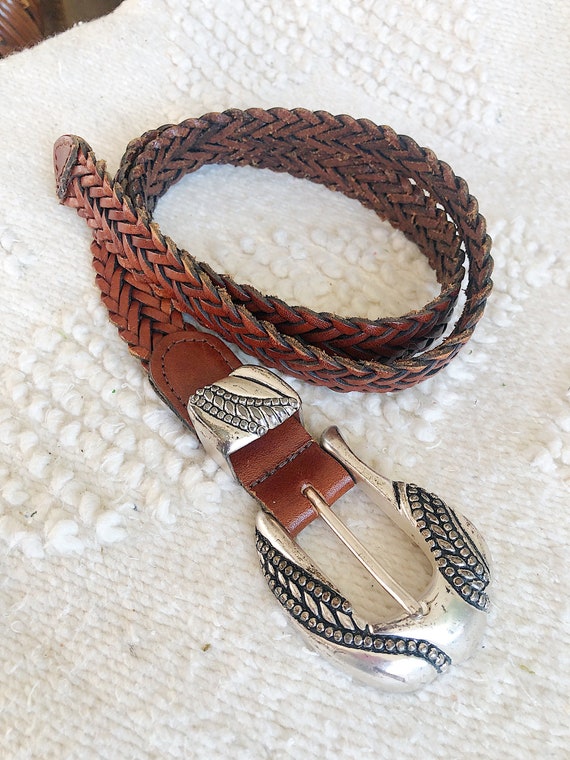 Vintage Leather Braided Belt with Large Buckle - image 1