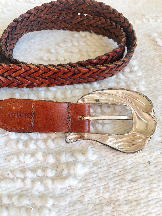 Vintage Leather Braided Belt with Large Buckle - image 3
