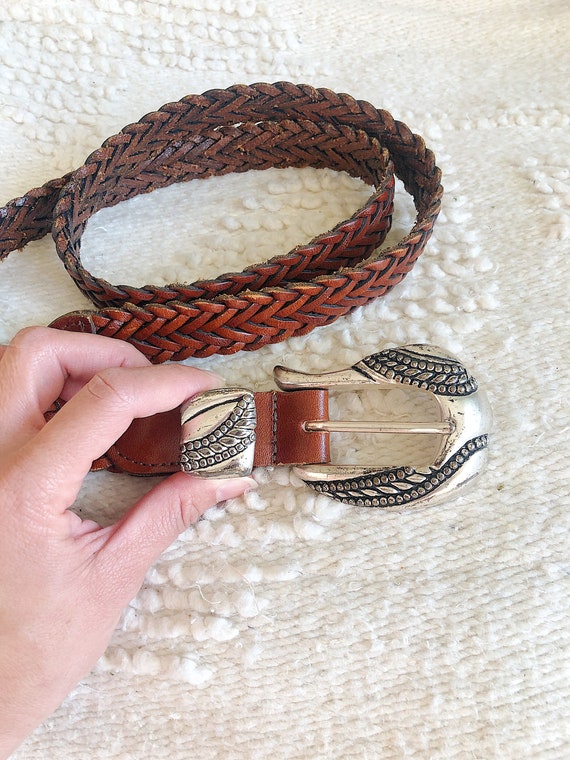 Vintage Leather Braided Belt with Large Buckle - image 4