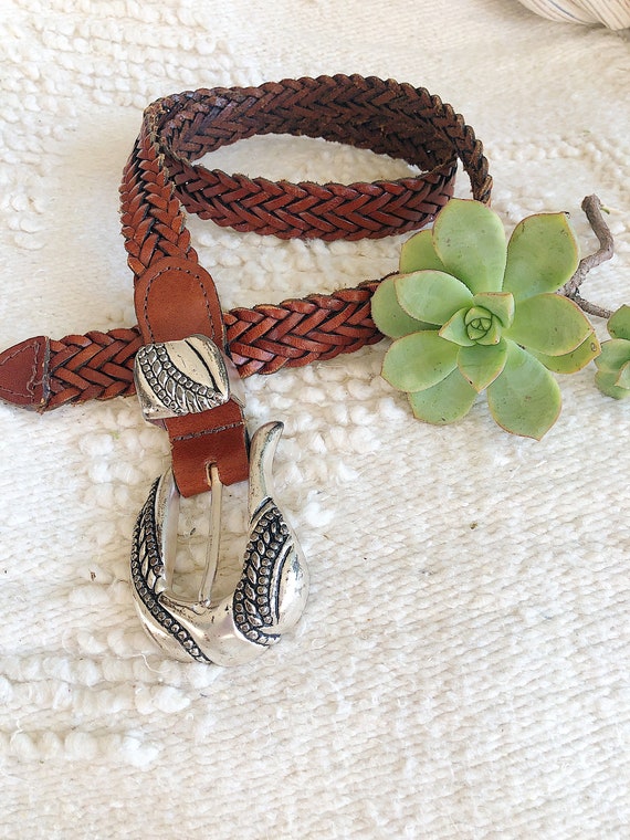 Vintage Leather Braided Belt with Large Buckle - image 2