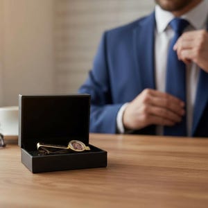 May include: A gold-toned tie bar featuring a circular accent with a small portrait inside, presented in a black rectangular gift box. The tie bar has a polished metallic finish and a clip mechanism for securing a necktie to a dress shirt.