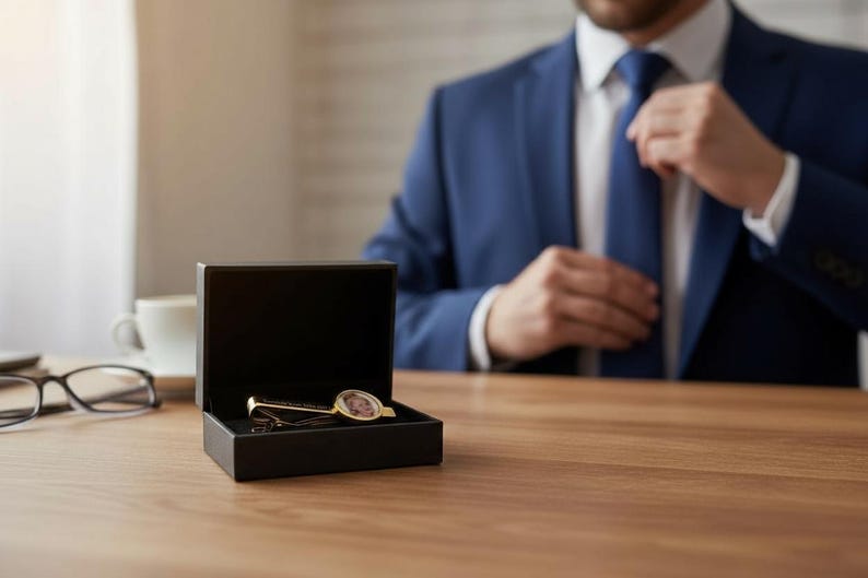 May include: A gold-toned tie bar featuring a circular accent with a small portrait inside, presented in a black rectangular gift box. The tie bar has a polished metallic finish and a clip mechanism for securing a necktie to a dress shirt.