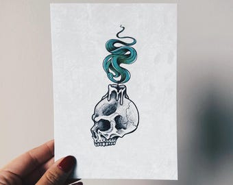 Skull Candle Art Print, Spooky Tattoo Flash Illustration, Gothic Halloween Decor