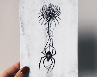 Gothic Spider Flower Art Print, Dark Botanical Tattoo Flash, Spooky Halloween Wall Art