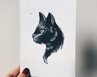Black Cat Art Print, Tattoo Style Illustration, Gothic Moody Decor, Halloween Cat Artwork