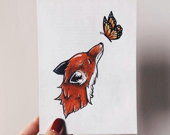 Fox and Monarch Butterfly Art Print, Woodland Animal Illustration, Autumn Nature Wall Art