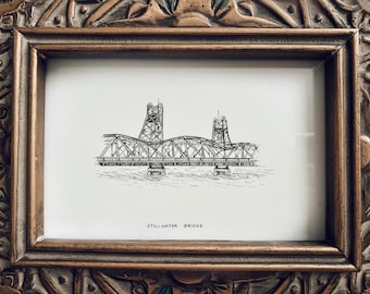 Stillwater Lift Bridge Ink Illustration Art Print - Minnesota Landmark Postcard