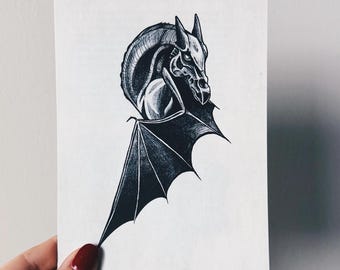 Thestral Tattoo Flash Print, Winged Horse Illustration, Dark Fantasy Wall Art