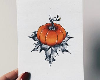 Pumpkin Tattoo Flash Art Print, Cozy Fall Decor, Spooky Autumn Wall Art Latte