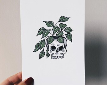 Skull Plant Planter Tattoo Flash Art Print, Moody Nature Wall Art