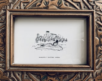 Minneapolis Sculpture Garden Ink Illustration Art Print - Minnesota Landmark Postcard