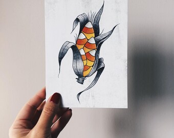 Candy Corn Botanical Print, Tattoo Flash Illustration, Moody Autumn Wall Art