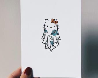 Ghost Cat Tattoo Flash Print, Floral Illustration, Spooky Kawaii Wall Art