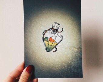 Tattoo Flash Candy Corn Vial with Tooth Print, Halloween Spooky Keepsake Wall Art