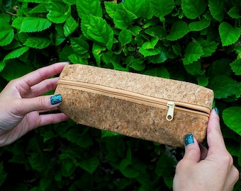 Cork Zipper Pouch with Linen Lining, for Makeup, Pencils, Trinkets; Travel Bag; Toiletry bag