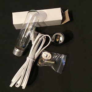 May include: A clear glass light bulb with a silver base, a white electrical cord, and a black lamp socket. Also included are small hardware pieces and a white cardboard box. The components are arranged on a black surface.