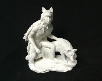 Ceramic Bisque Native Brave With Wolf