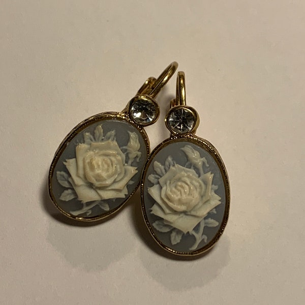 Vintage Nina Ricci Earrings For Avon Rose Cameo Earrings With Rhinestone